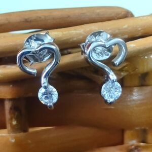 925 stamped real silver small open heart earrings with zirconia dangling